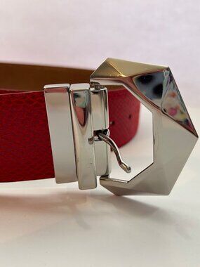 Red Faux Snakeskin Belt with Geometric Silver Buckle Statement Piece